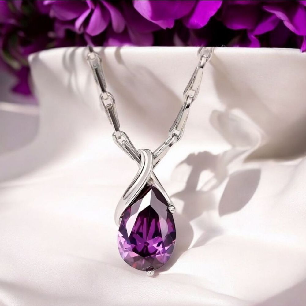 Silver Amethyst Pendant Necklace Purple Classic Pear Teardrop 18” Chain Jewelry
